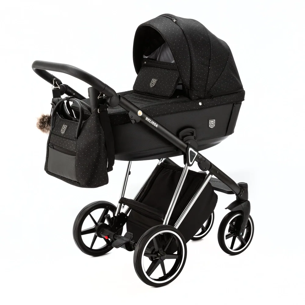 Коляска Adamex Belissa Special Edition на серебряной раме 2 в 1, цвет PS-589 (чёрный в белую точку)