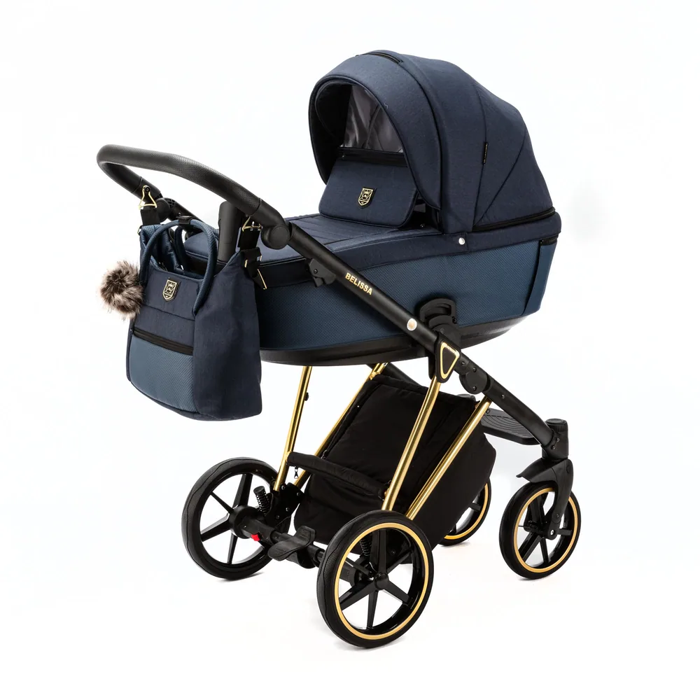 Коляска Adamex Belissa Special Edition на золотой раме 2 в 1, цвет PS-581 (тёмно-синий)
