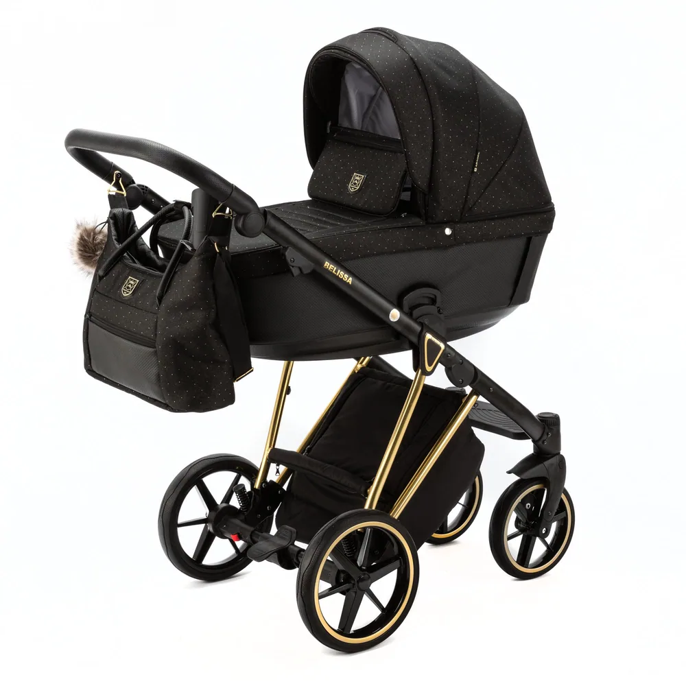 Коляска Adamex Belissa Special Edition на золотой раме 2 в 1, цвет PS-588 (чёрно-золотой в крапинку)
