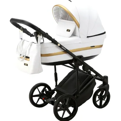 Коляска Adamex Rimini Deluxe 2 в 1, цвет RI200 (белая экокожа с золотой полосой)