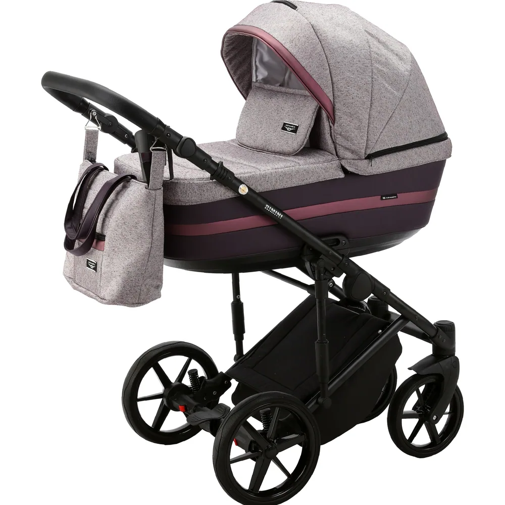 Коляска Adamex Rimini Lux 3 в 1 — серо-розовый меланж с баклажаном