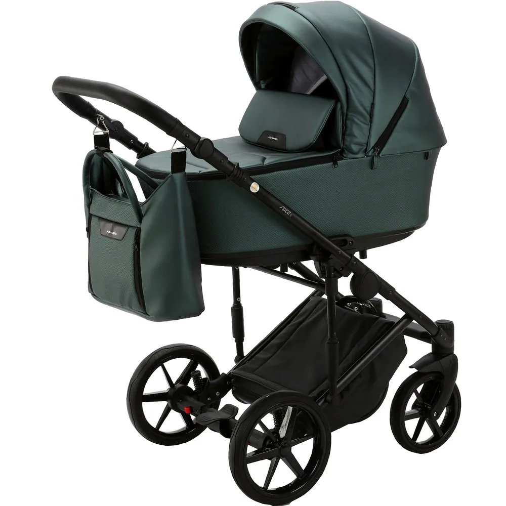 Коляска Adamex Zico Deluxe (100% кожа) 3 в 1 — тёмно-зелёный хвойный
